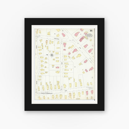 Old map wall art mockup — black gallery frame with white mat — Sanborn Fire Insurance Map from Malone, Franklin County, New York (1908), Sheet #0016