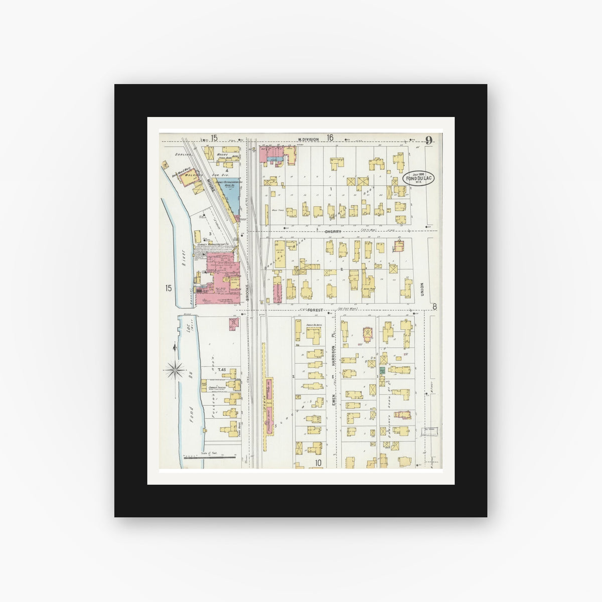 Old map wall art mockup — black gallery frame with white mat — Sanborn Fire Insurance Map from Fond du Lac, Fond du Lac County, Wisconsin (1898), Sheet #0009