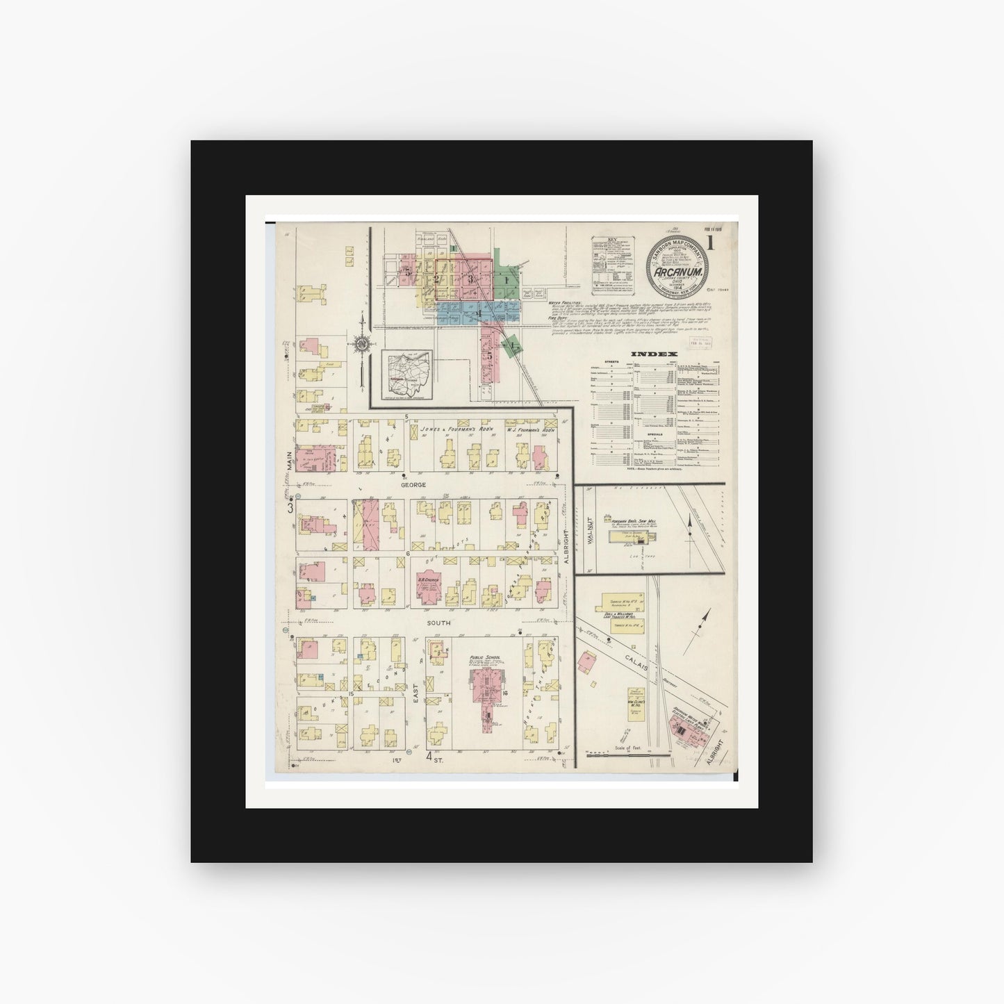 Old map wall art mockup — black gallery frame with white mat — Sanborn Fire Insurance Map from Arcanum, Darke County, Ohio (1914) - Complete Map Set