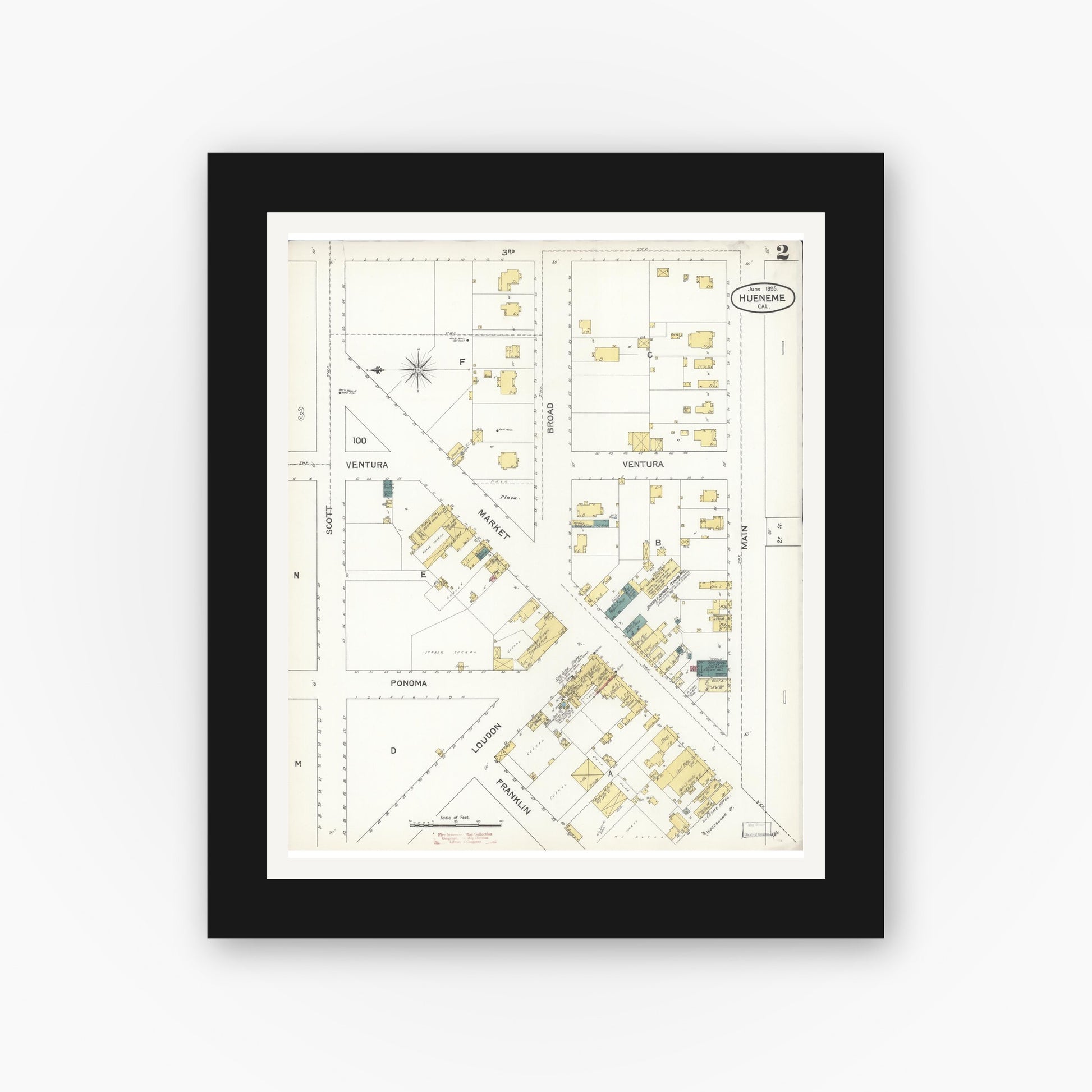 Old map wall art mockup — black gallery frame with white mat — Sanborn Fire Insurance Map from Hueneme, Ventura County, California (1895), Sheet #0002