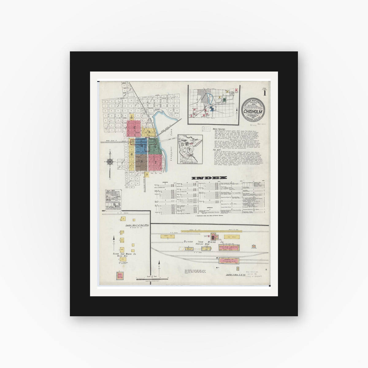 Old map wall art mockup — black gallery frame with white mat — Sanborn Fire Insurance Map from Chisholm, Saint Louis County, Minnesota (1921), Sheet #0001