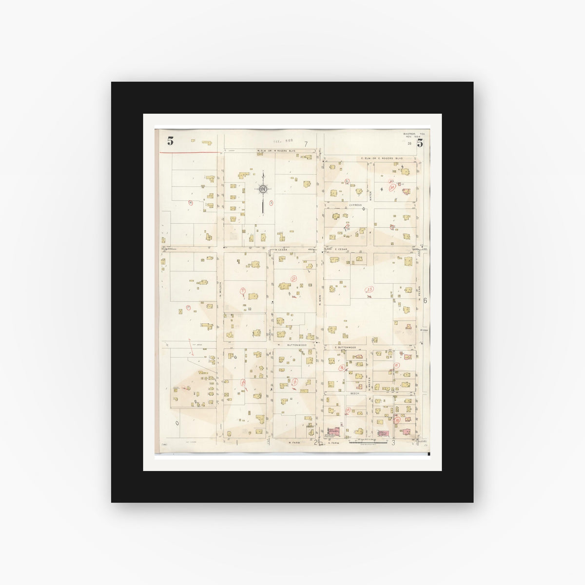 Old map wall art mockup — black gallery frame with white mat — Sanborn Fire Insurance Map from Bastrop, Bastrop County, Texas (1944), Sheet #0005