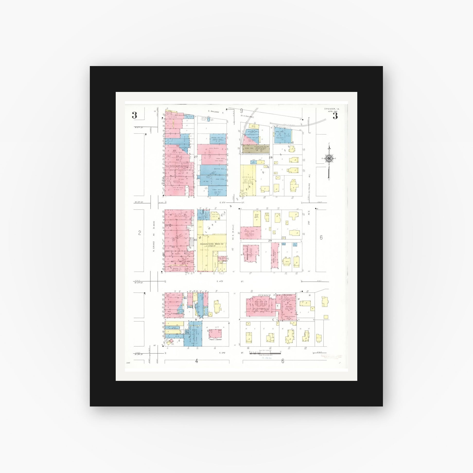Old map wall art mockup — black gallery frame with white mat — Sanborn Fire Insurance Map from Spencer, Clay County, Iowa (1941), Sheet #0003