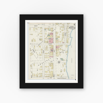 Old map wall art mockup — black gallery frame with white mat — Sanborn Fire Insurance Map from Cheboygan, Cheboygan County, Michigan (1890), Sheet #0005