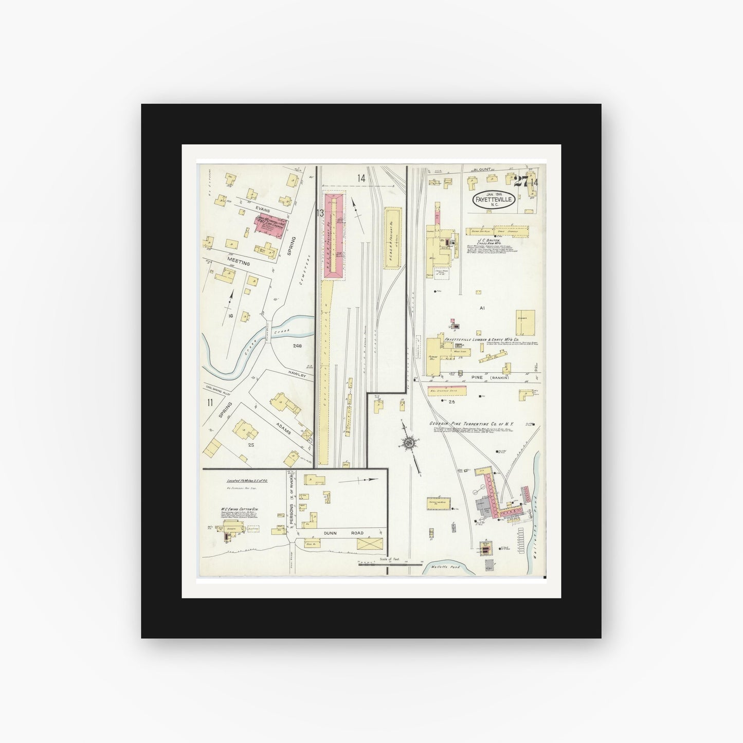 Old map wall art mockup — black gallery frame with white mat — Sanborn Fire Insurance Map from Fayetteville, Cumberland County, North Carolina (1914), Sheet #0027