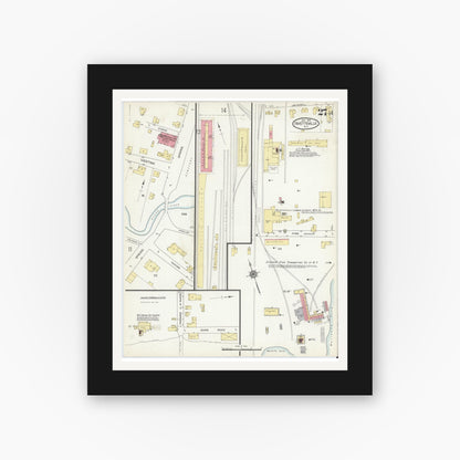 Old map wall art mockup — black gallery frame with white mat — Sanborn Fire Insurance Map from Fayetteville, Cumberland County, North Carolina (1914), Sheet #0027