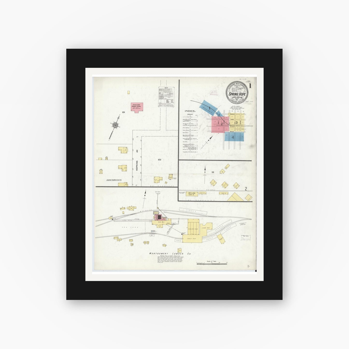 Old map wall art mockup — black gallery frame with white mat — Sanborn Fire Insurance Map from Spring Hope, Nash County, North Carolina (1911) - Complete Map Set