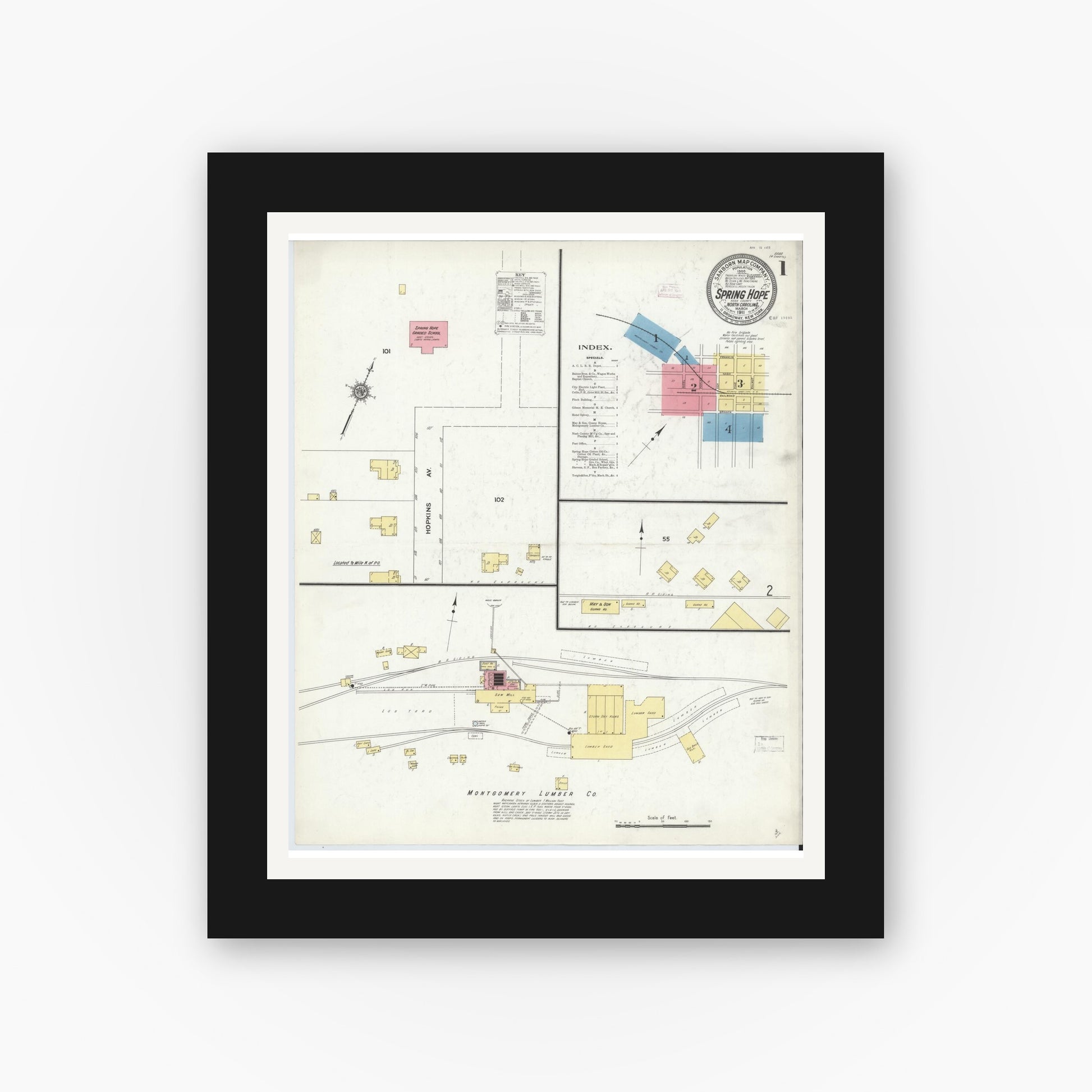 Old map wall art mockup — black gallery frame with white mat — Sanborn Fire Insurance Map from Spring Hope, Nash County, North Carolina (1911) - Complete Map Set