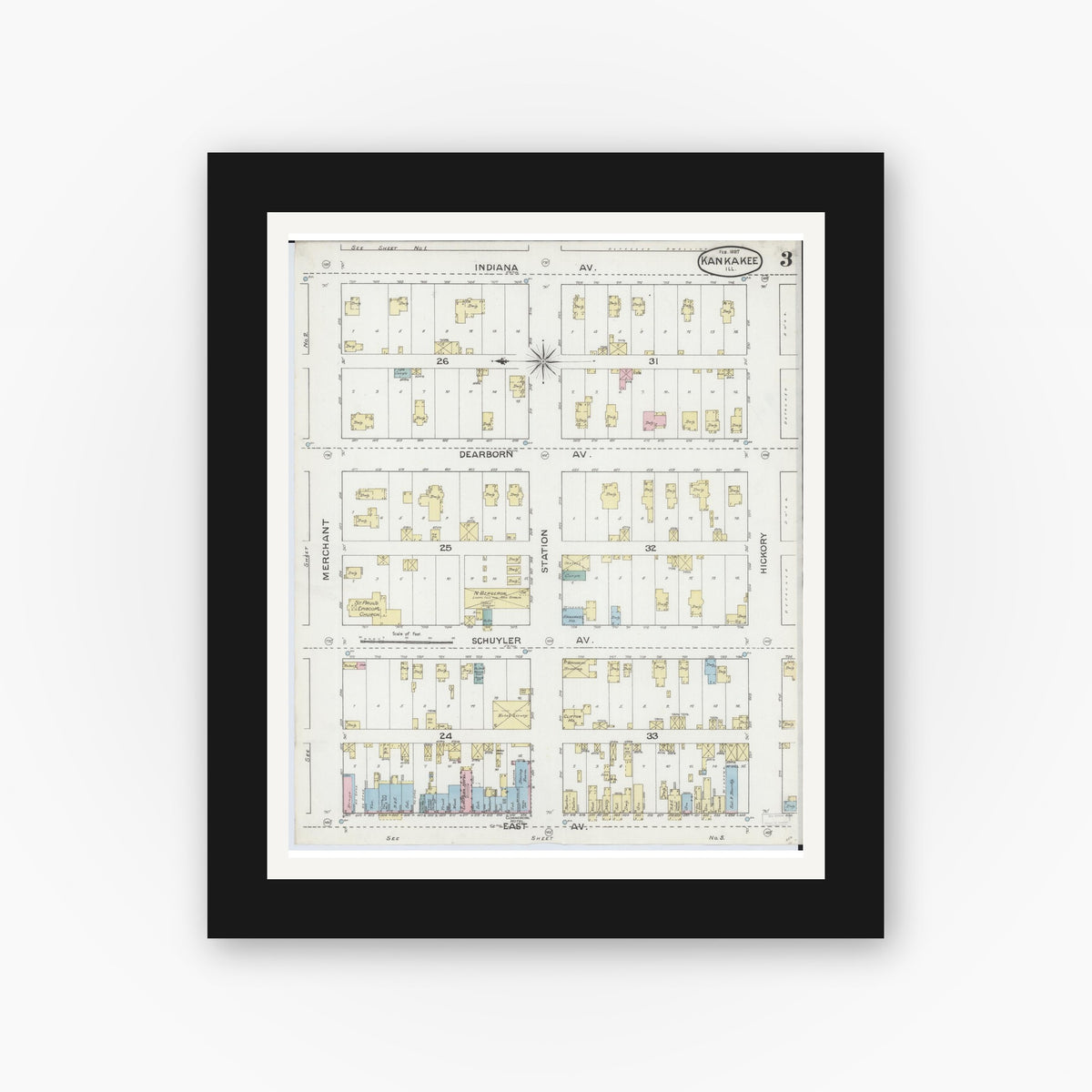 Old map wall art mockup — black gallery frame with white mat — Sanborn Fire Insurance Map from Kankakee, Kankakee County, Illinois (1887), Sheet #0003