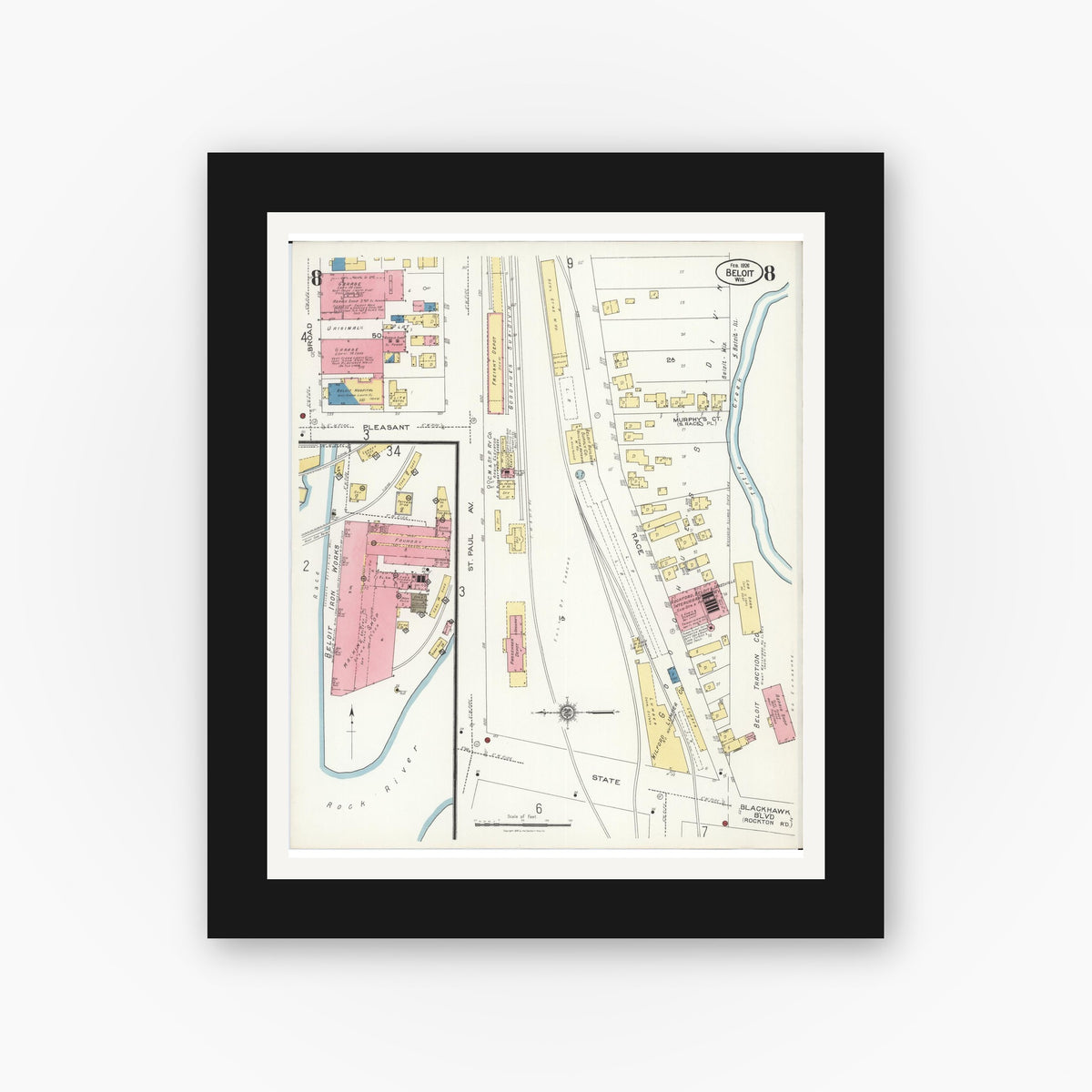 Old map wall art mockup — black gallery frame with white mat — Sanborn Fire Insurance Map from Beloit, Rock County, Wisconsin (1926), Sheet #0008
