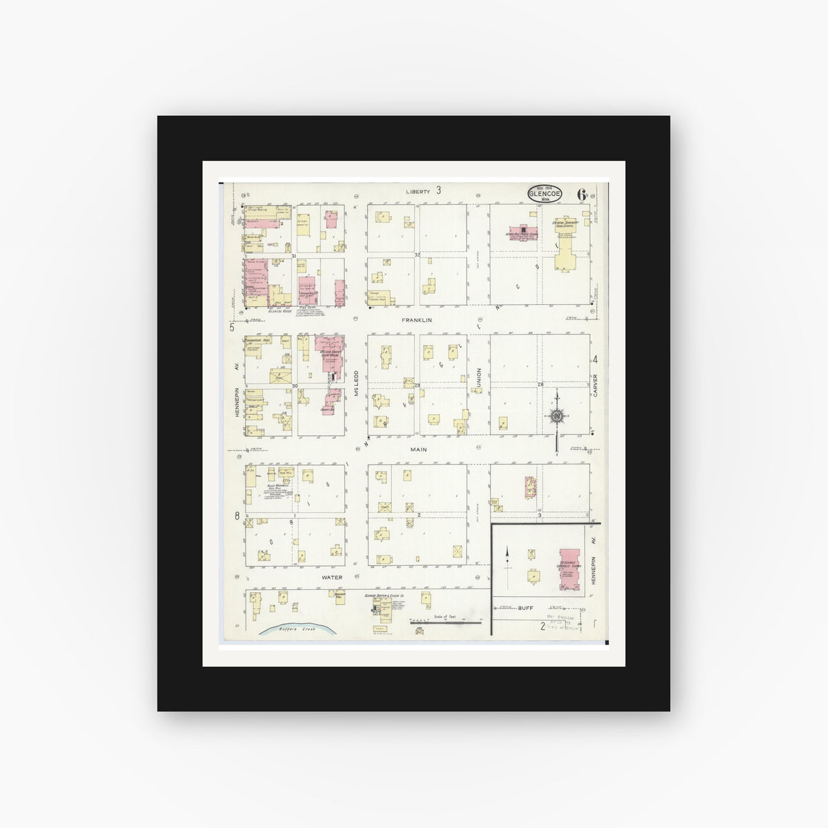 Old map wall art mockup — black gallery frame with white mat — Sanborn Fire Insurance Map from Glencoe, Mcleod County, Minnesota (1914), Sheet #0006