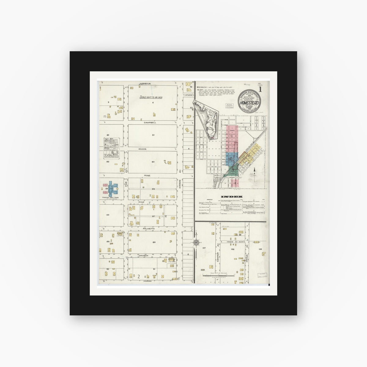 Old map wall art mockup — black gallery frame with white mat — Sanborn Fire Insurance Map from Holmestead, Dade County, Florida (1920) - Complete Map Set