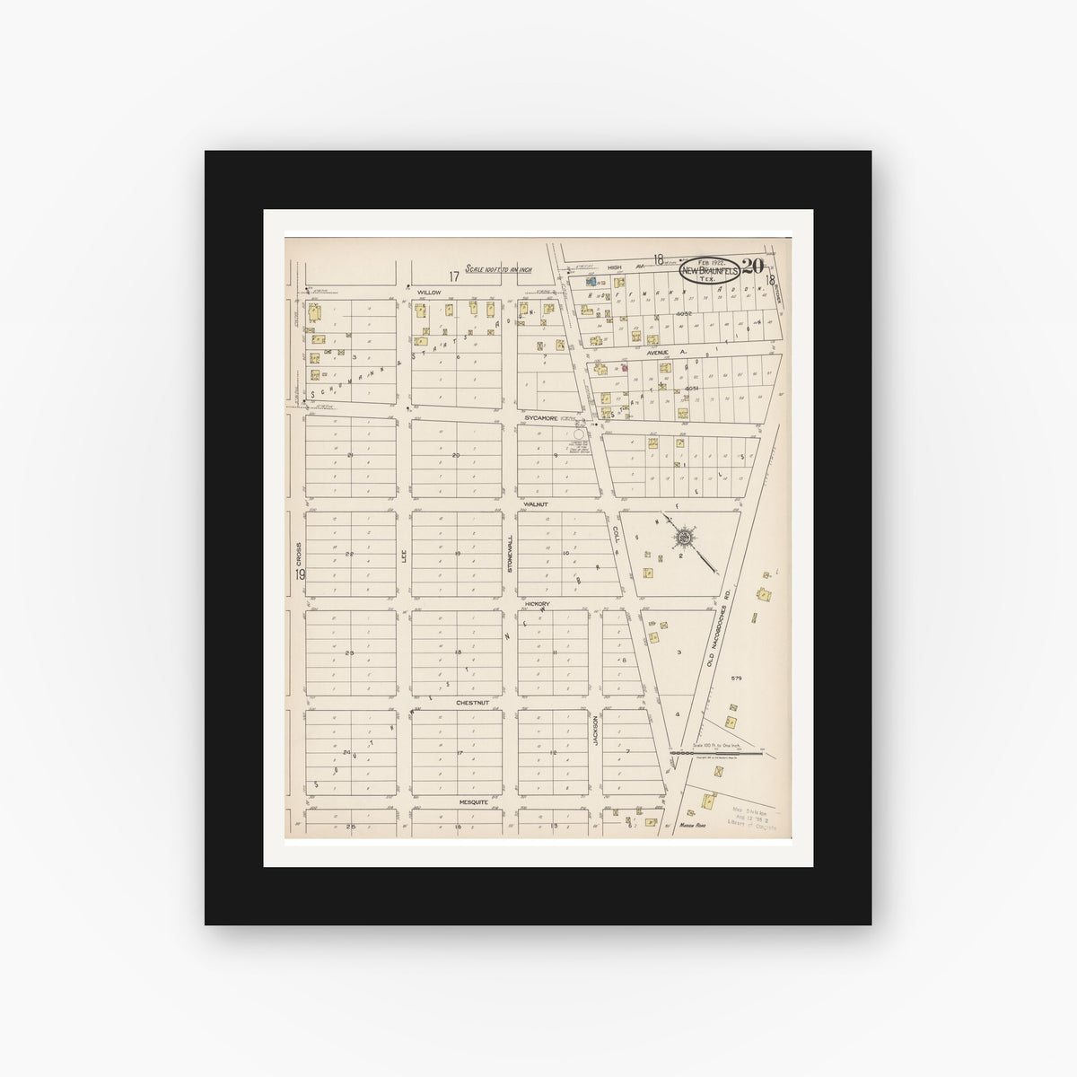 Old map wall art mockup — black gallery frame with white mat — Sanborn Fire Insurance Map from New Braunfels, Comal County, Texas (1922), Sheet #0020