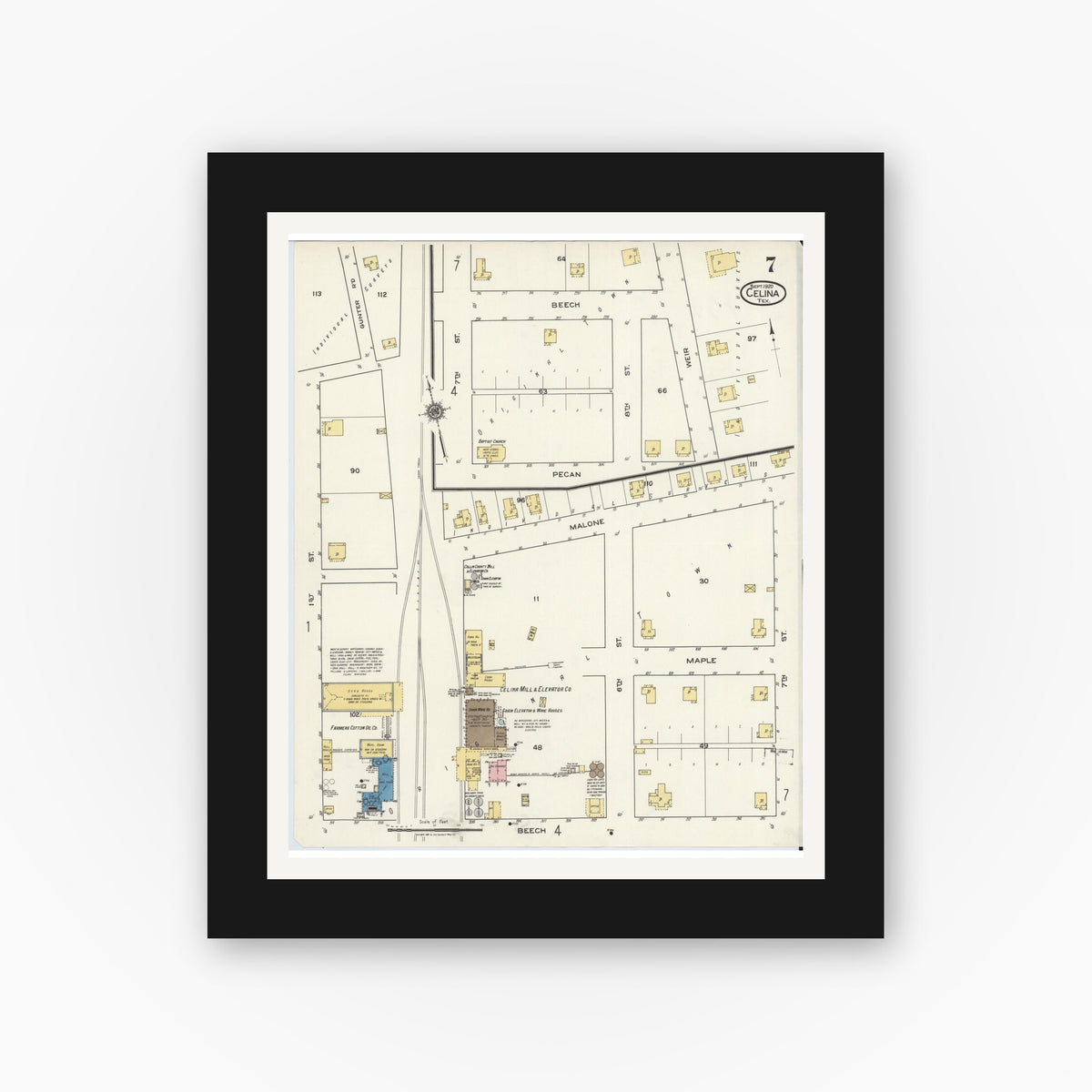 Old map wall art mockup — black gallery frame with white mat — Sanborn Fire Insurance Map from Celina, Collin County, Texas (1920), Sheet #0007