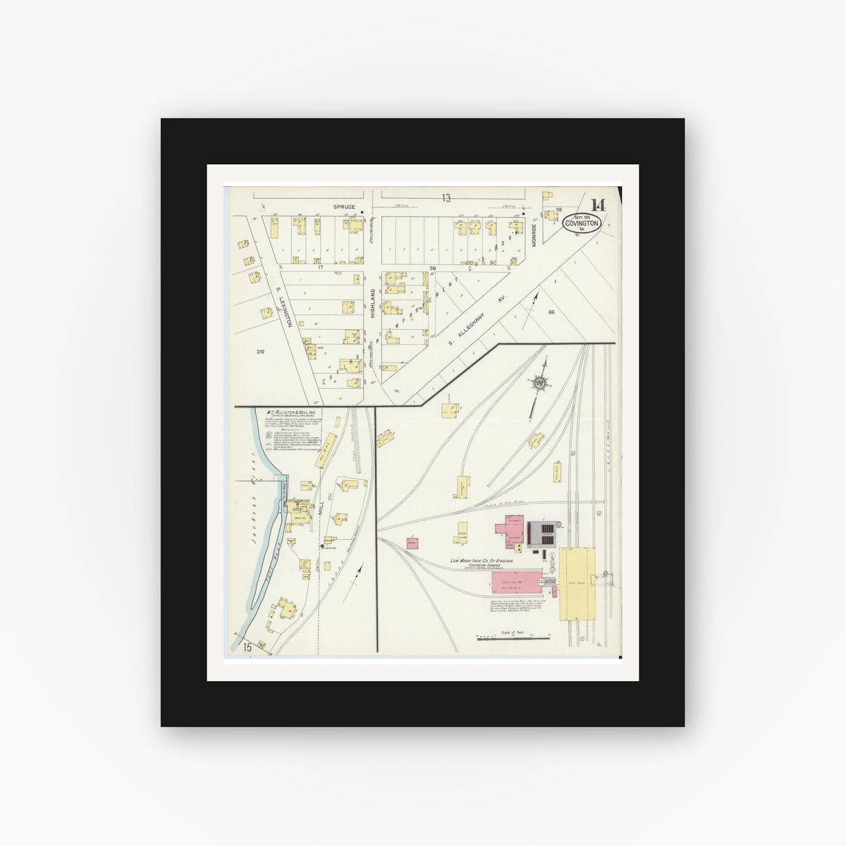 Old map wall art mockup — black gallery frame with white mat — Sanborn Fire Insurance Map from Covington, Independent Cities, Virginia (1913), Sheet #0014