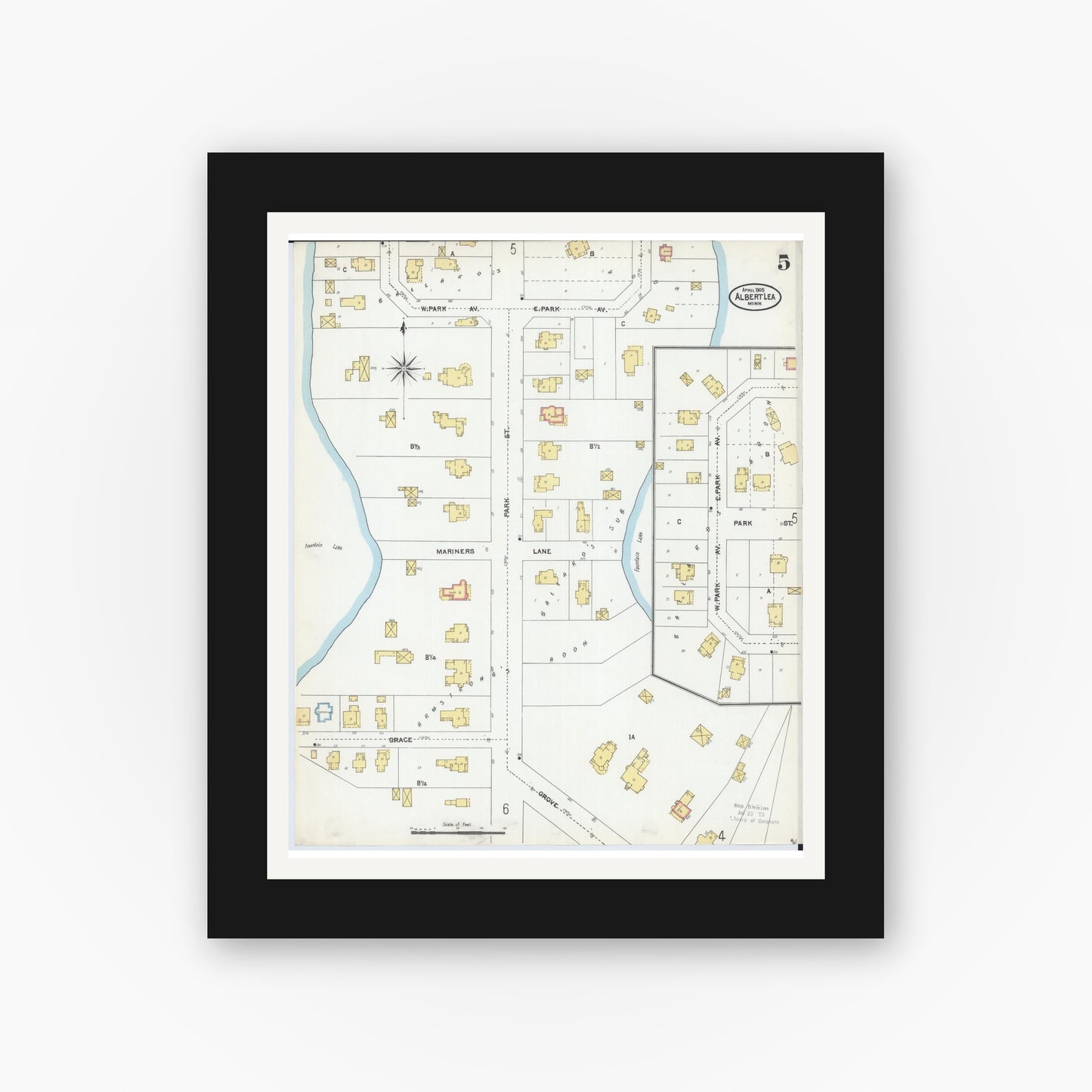 Old map wall art mockup — black gallery frame with white mat — Sanborn Fire Insurance Map from Albert Lea, Freeborn County, Minnesota (1905), Sheet #0005