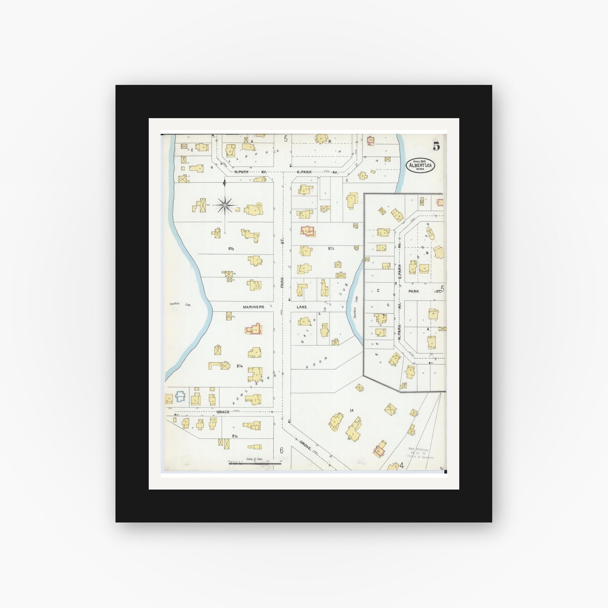 Old map wall art mockup — black gallery frame with white mat — Sanborn Fire Insurance Map from Albert Lea, Freeborn County, Minnesota (1905), Sheet #0005