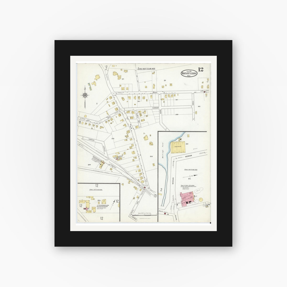Old map wall art mockup — black gallery frame with white mat — Sanborn Fire Insurance Map from North Attleborough, Bristol County, Massachusetts (1916), Sheet #0012