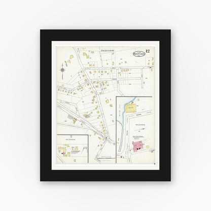 Old map wall art mockup — black gallery frame with white mat — Sanborn Fire Insurance Map from North Attleborough, Bristol County, Massachusetts (1916), Sheet #0012