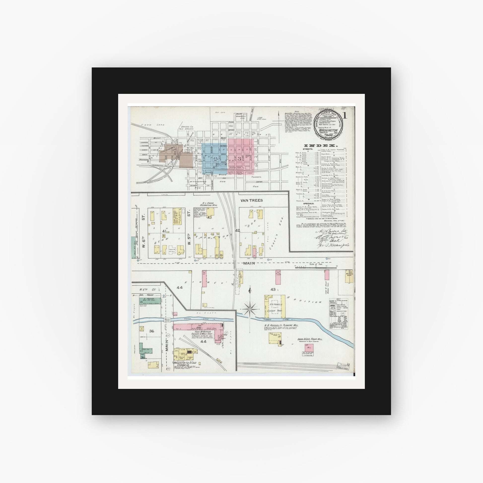 Old map wall art mockup — black gallery frame with white mat — Sanborn Fire Insurance Map from Washington, Daviess County, Indiana (1892) - Complete Map Set
