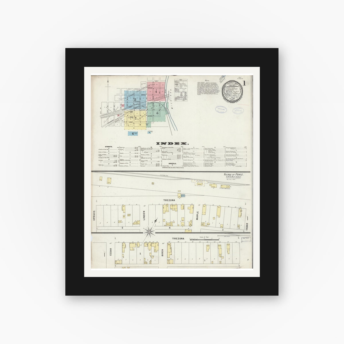 Old map wall art mockup — black gallery frame with white mat — Sanborn Fire Insurance Map from Hurley, Iron County, Wisconsin (1898) - Complete Map Set