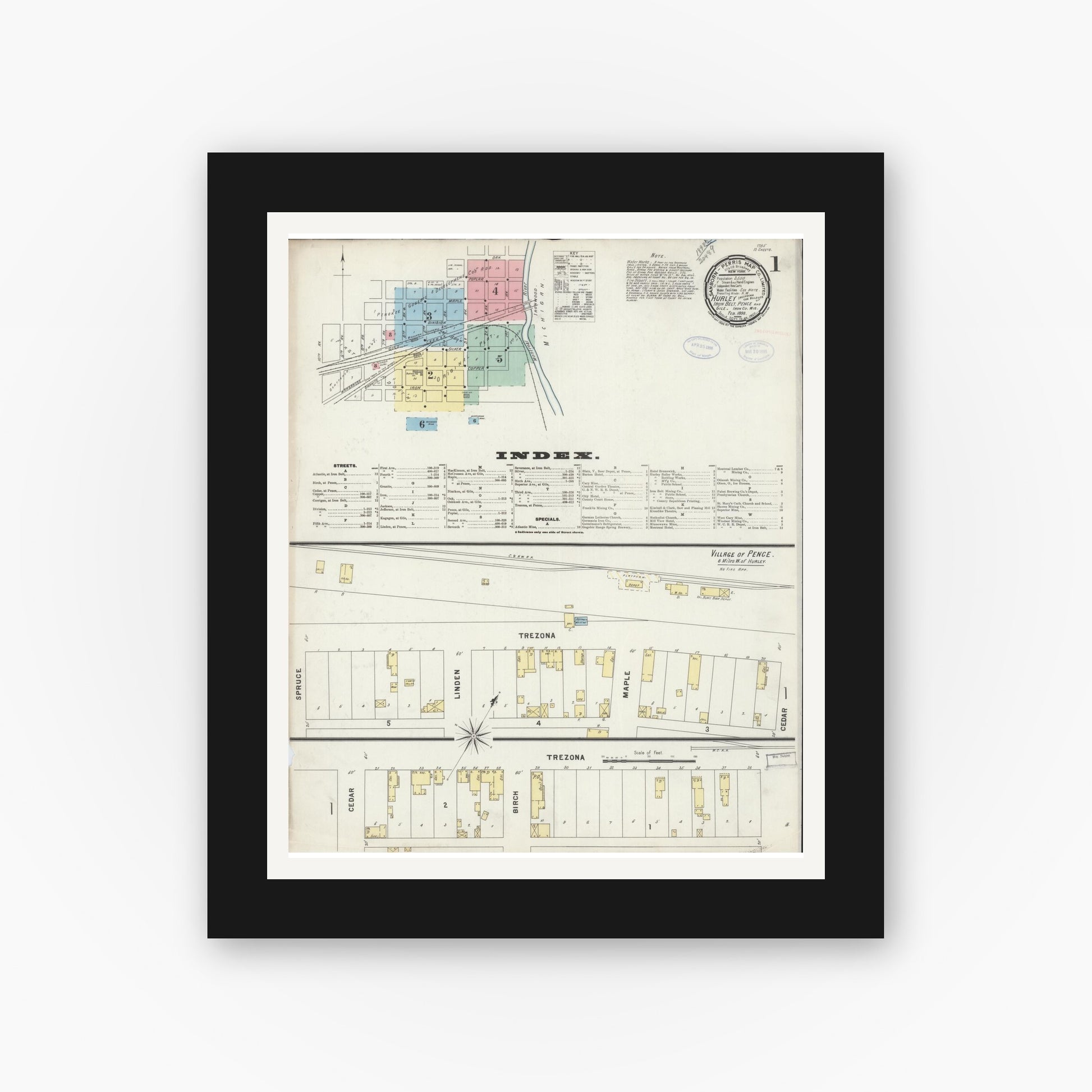 Old map wall art mockup — black gallery frame with white mat — Sanborn Fire Insurance Map from Hurley, Iron County, Wisconsin (1898) - Complete Map Set