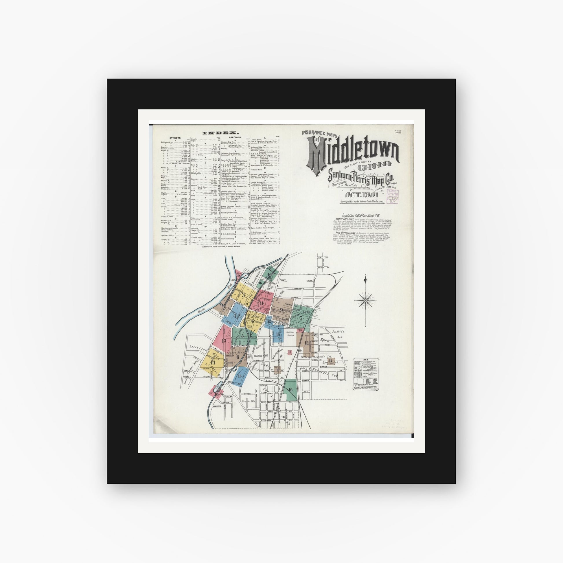Old map wall art mockup — black gallery frame with white mat — Sanborn Fire Insurance Map from Middletown, Butler County, Ohio (1901), Sheet #0001