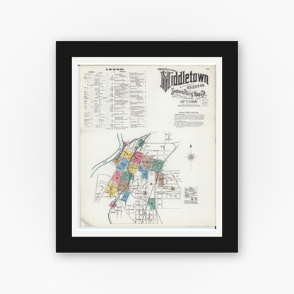 Old map wall art mockup — black gallery frame with white mat — Sanborn Fire Insurance Map from Middletown, Butler County, Ohio (1901), Sheet #0001