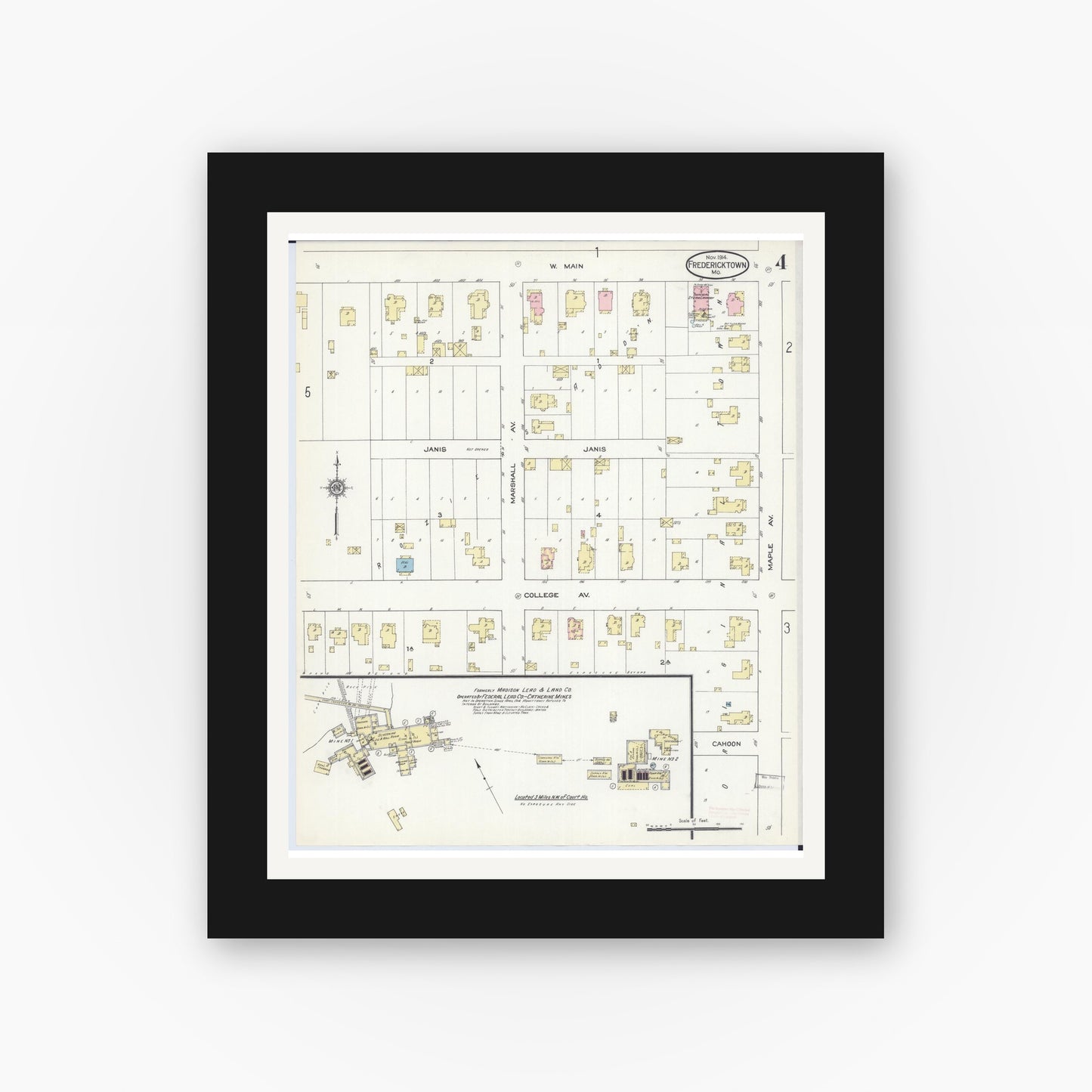 Old map wall art mockup — black gallery frame with white mat — Sanborn Fire Insurance Map from Fredericktown, Madison County, Missouri (1914), Sheet #0004