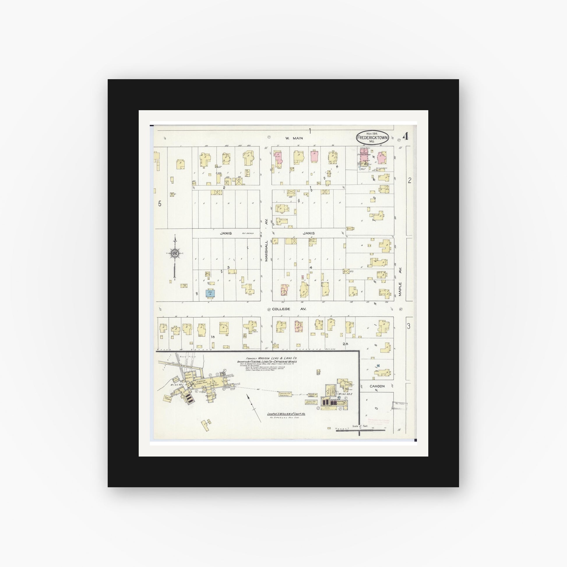 Old map wall art mockup — black gallery frame with white mat — Sanborn Fire Insurance Map from Fredericktown, Madison County, Missouri (1914), Sheet #0004