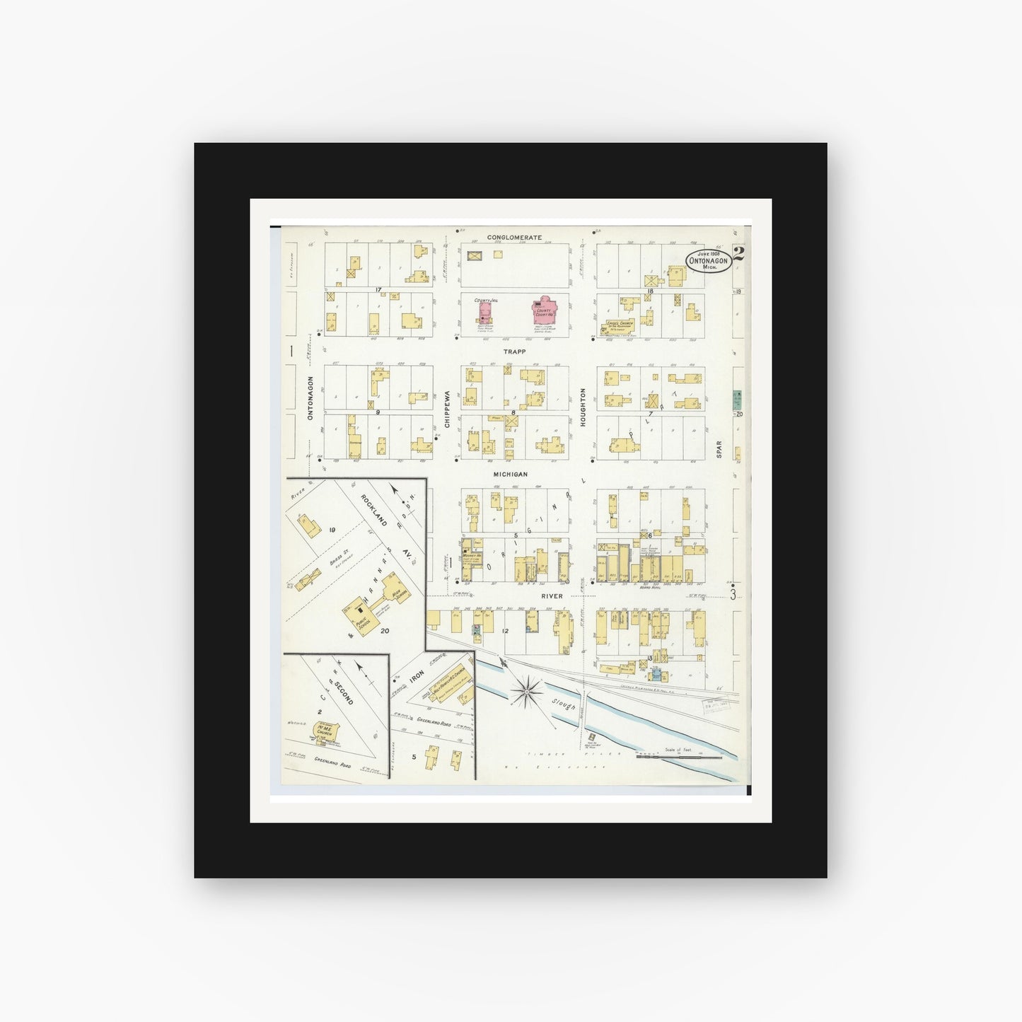 Old map wall art mockup — black gallery frame with white mat — Sanborn Fire Insurance Map from Ontonagon, Ontonagon County, Michigan (1908), Sheet #0002