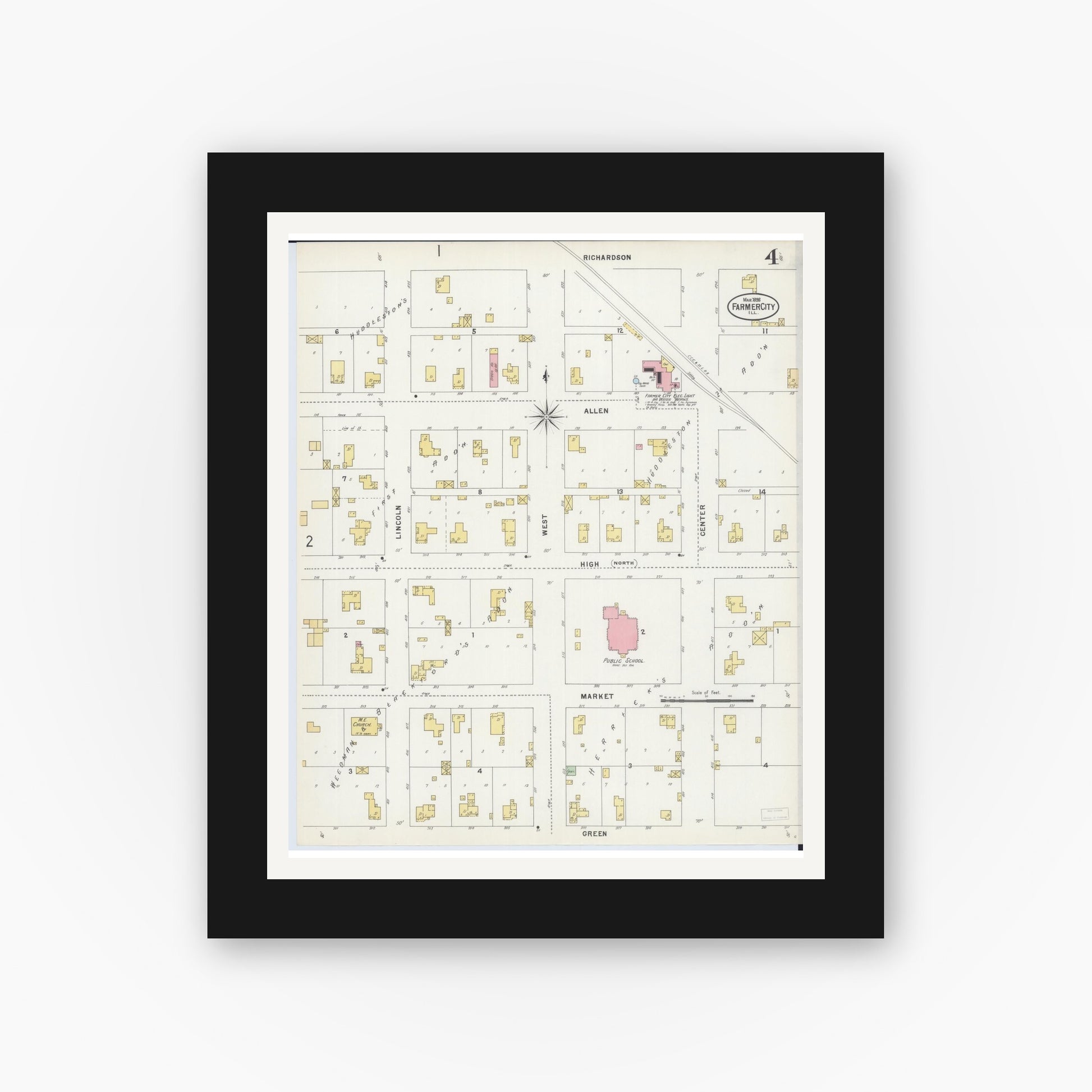 Old map wall art mockup — black gallery frame with white mat — Sanborn Fire Insurance Map from Farmer City, De Witt County, Illinois (1898), Sheet #0004