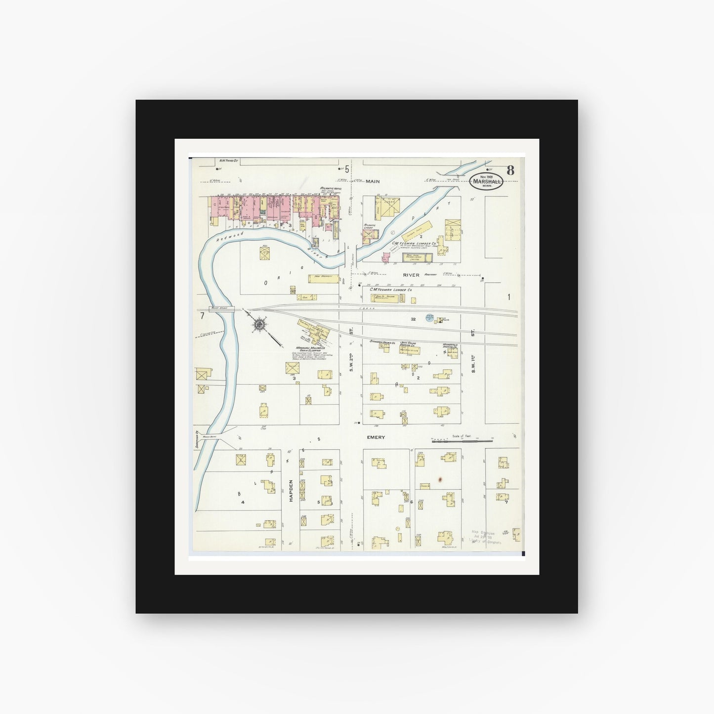 Old map wall art mockup — black gallery frame with white mat — Sanborn Fire Insurance Map from Marshall, Lyon County, Minnesota (1909), Sheet #0008