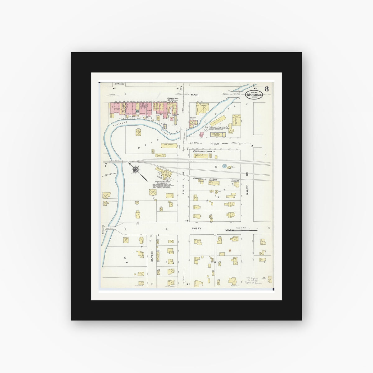 Old map wall art mockup — black gallery frame with white mat — Sanborn Fire Insurance Map from Marshall, Lyon County, Minnesota (1909), Sheet #0008
