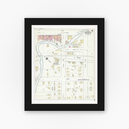 Old map wall art mockup — black gallery frame with white mat — Sanborn Fire Insurance Map from Marshall, Lyon County, Minnesota (1909), Sheet #0008