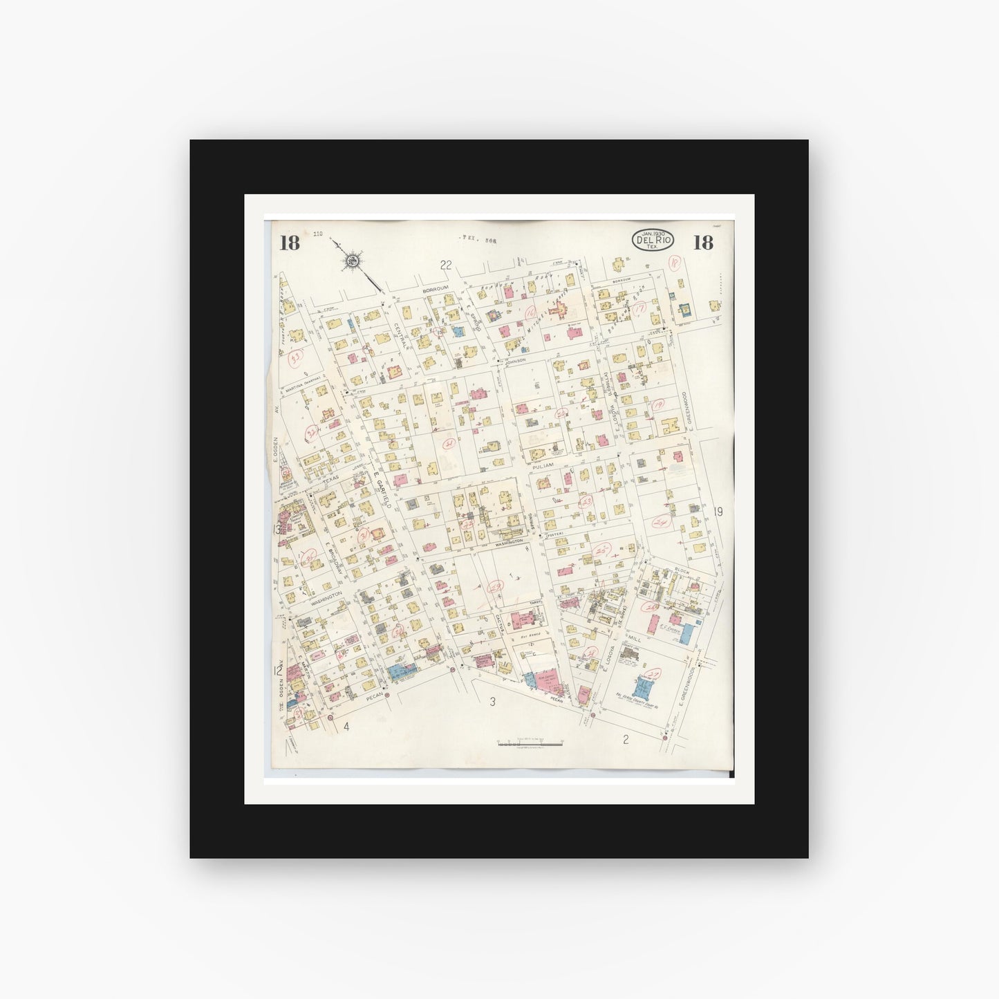 Old map wall art mockup — black gallery frame with white mat — Sanborn Fire Insurance Map from Del Rio, Val Verde County, Texas (1948), Sheet #0018