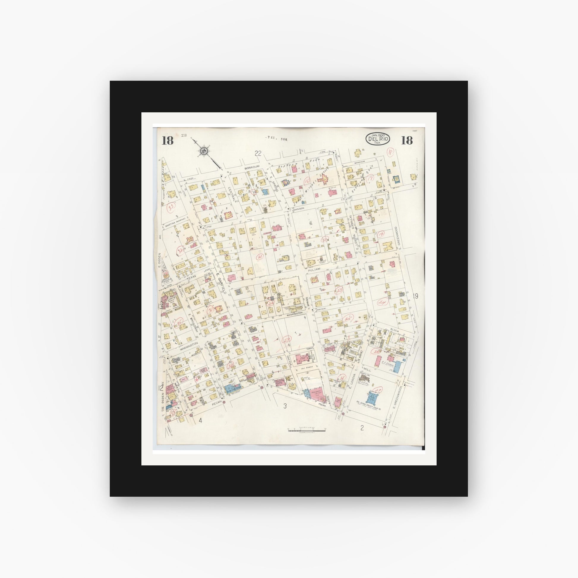 Old map wall art mockup — black gallery frame with white mat — Sanborn Fire Insurance Map from Del Rio, Val Verde County, Texas (1948), Sheet #0018
