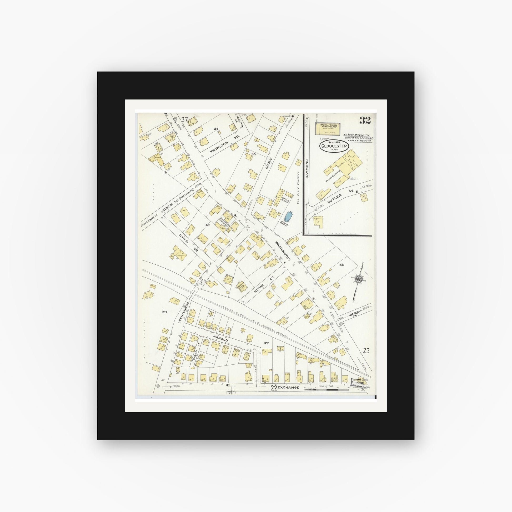 Old map wall art mockup — black gallery frame with white mat — Sanborn Fire Insurance Map from Gloucester, Essex County, Massachusetts (1909), Sheet #0032