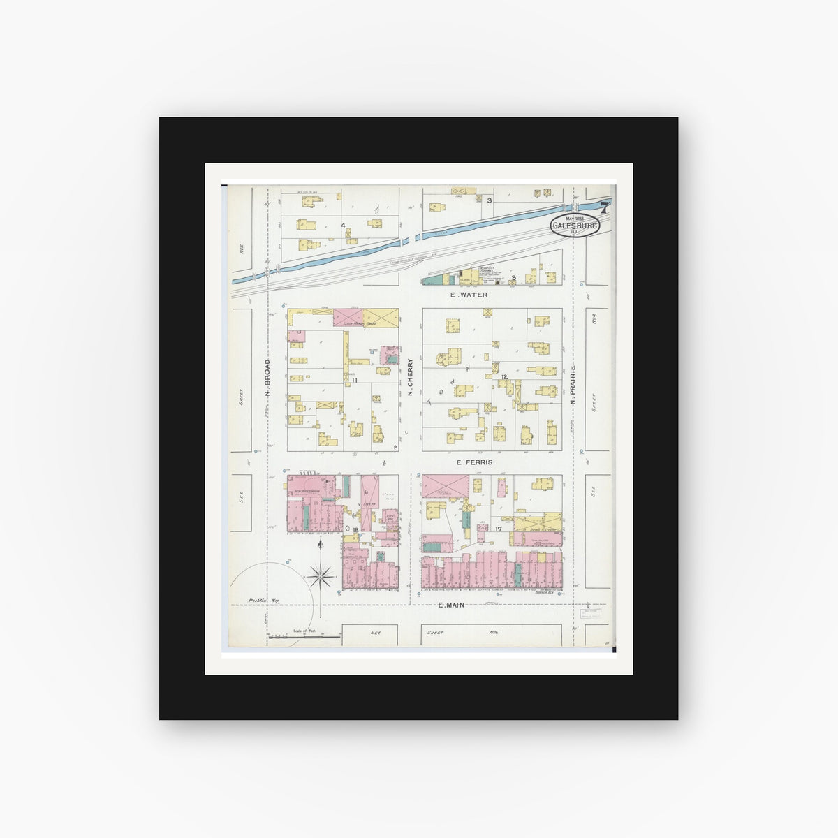 Old map wall art mockup — black gallery frame with white mat — Sanborn Fire Insurance Map from Galesburg, Knox County, Illinois (1892), Sheet #0007