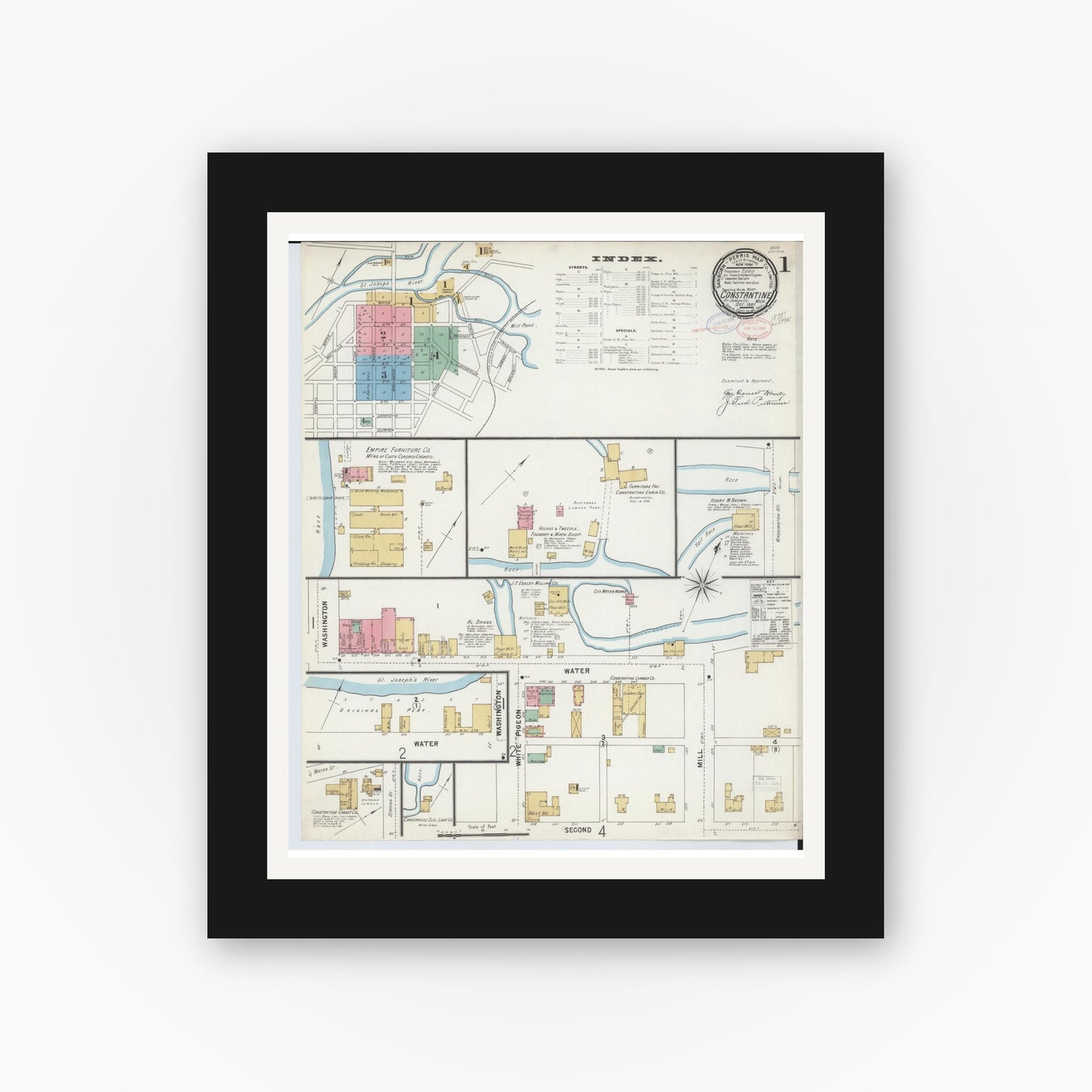 Old map wall art mockup — black gallery frame with white mat — Sanborn Fire Insurance Map from Constantine, Saint Joseph County, Michigan (1897) - Complete Map Set