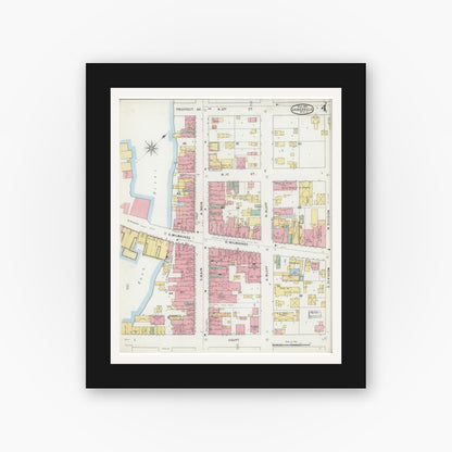Old map wall art mockup — black gallery frame with white mat — Sanborn Fire Insurance Map from Janesville, Rock County, Wisconsin (1895), Sheet #0004