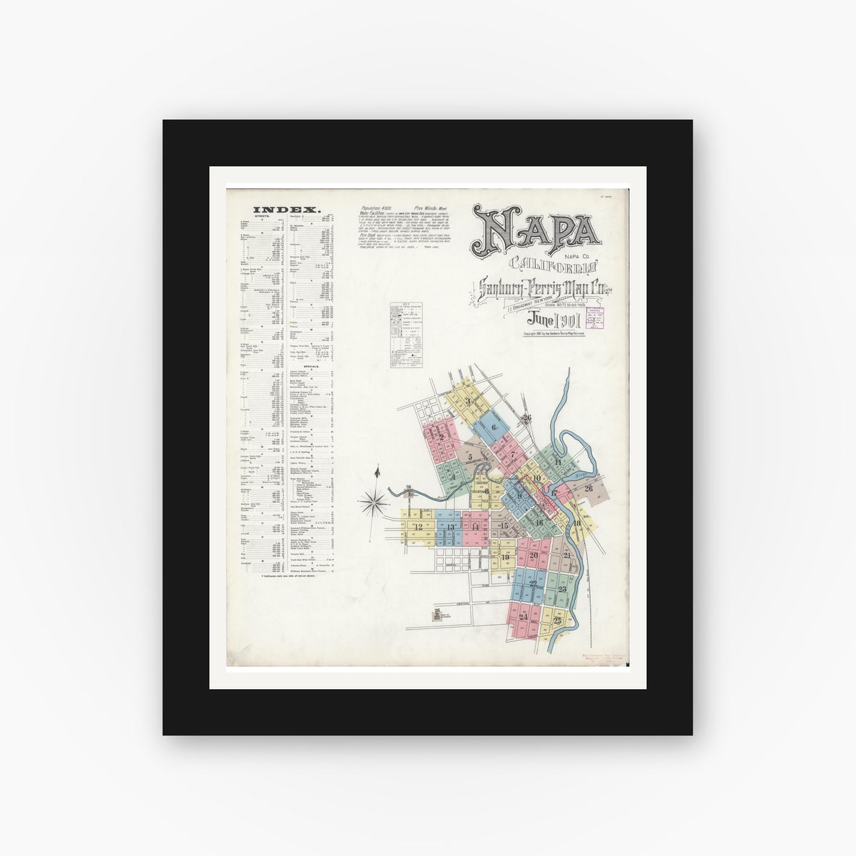 Old map wall art mockup — black gallery frame with white mat — Sanborn Fire Insurance Map from Napa, Napa County, California (1901) - Complete Map Set