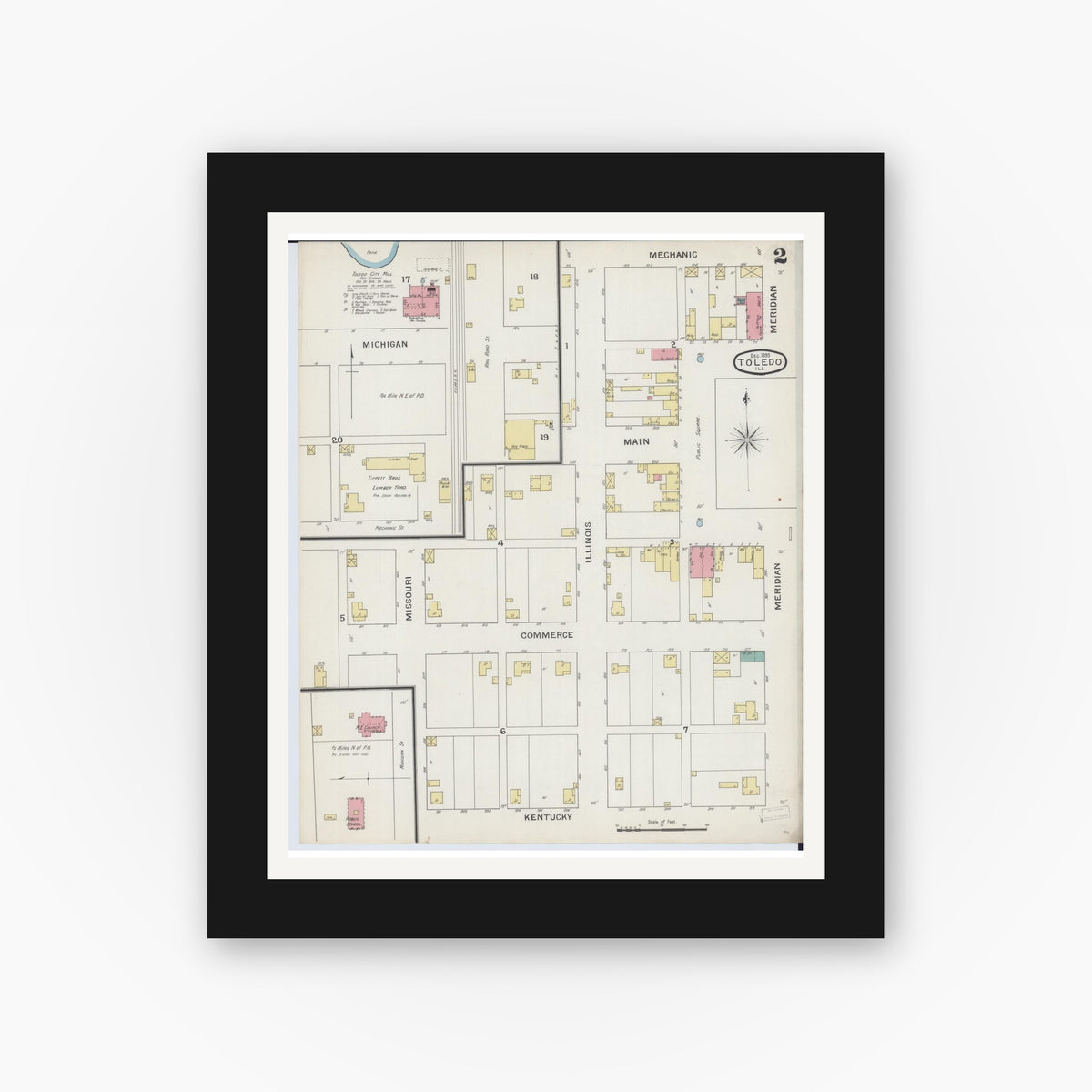 Old map wall art mockup — black gallery frame with white mat — Sanborn Fire Insurance Map from Toledo, Cumberland County, Illinois (1893), Sheet #0002