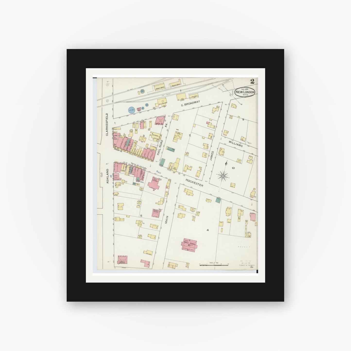 Old map wall art mockup — black gallery frame with white mat — Sanborn Fire Insurance Map from New London, Huron County, Ohio (1893), Sheet #0002
