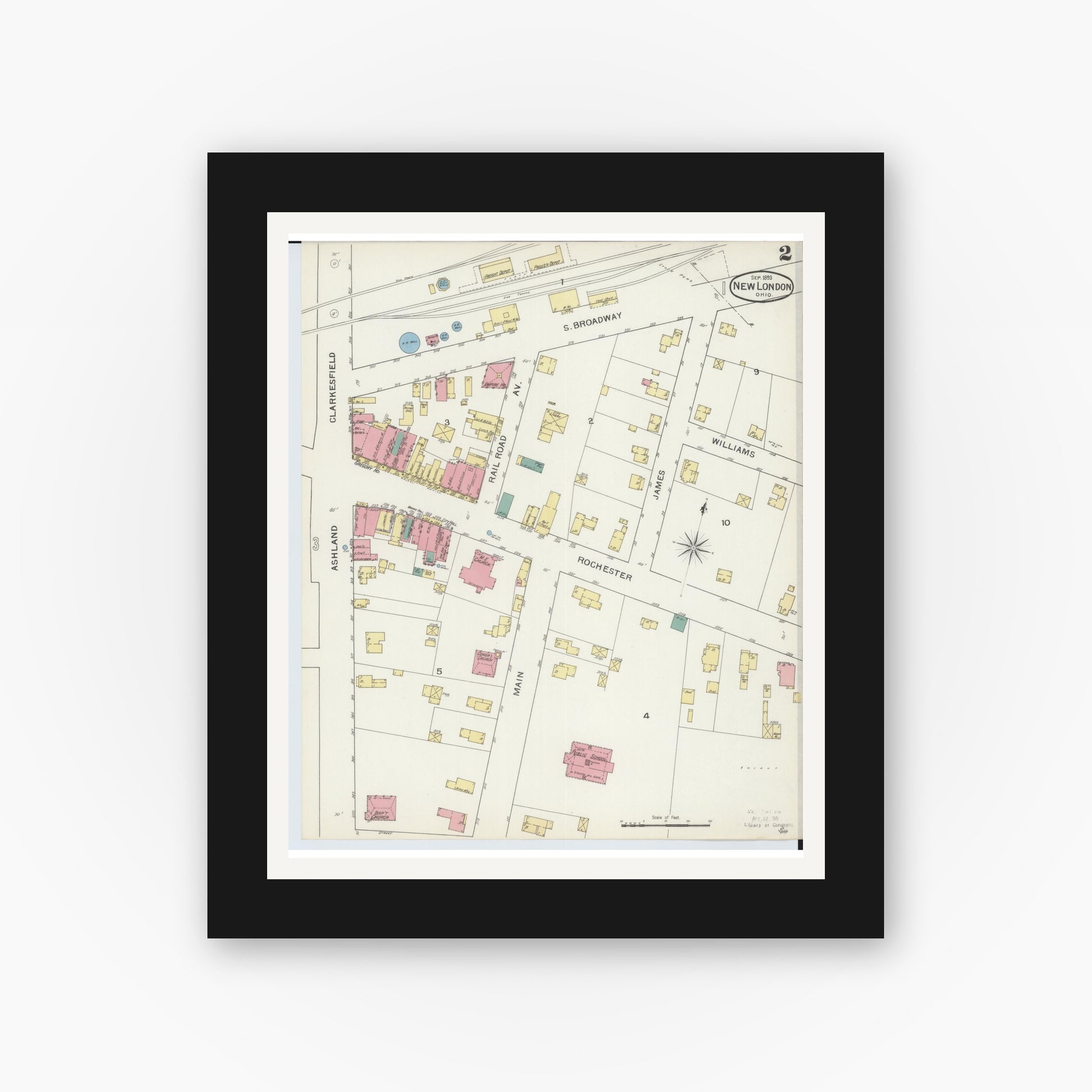 Old map wall art mockup — black gallery frame with white mat — Sanborn Fire Insurance Map from New London, Huron County, Ohio (1893), Sheet #0002