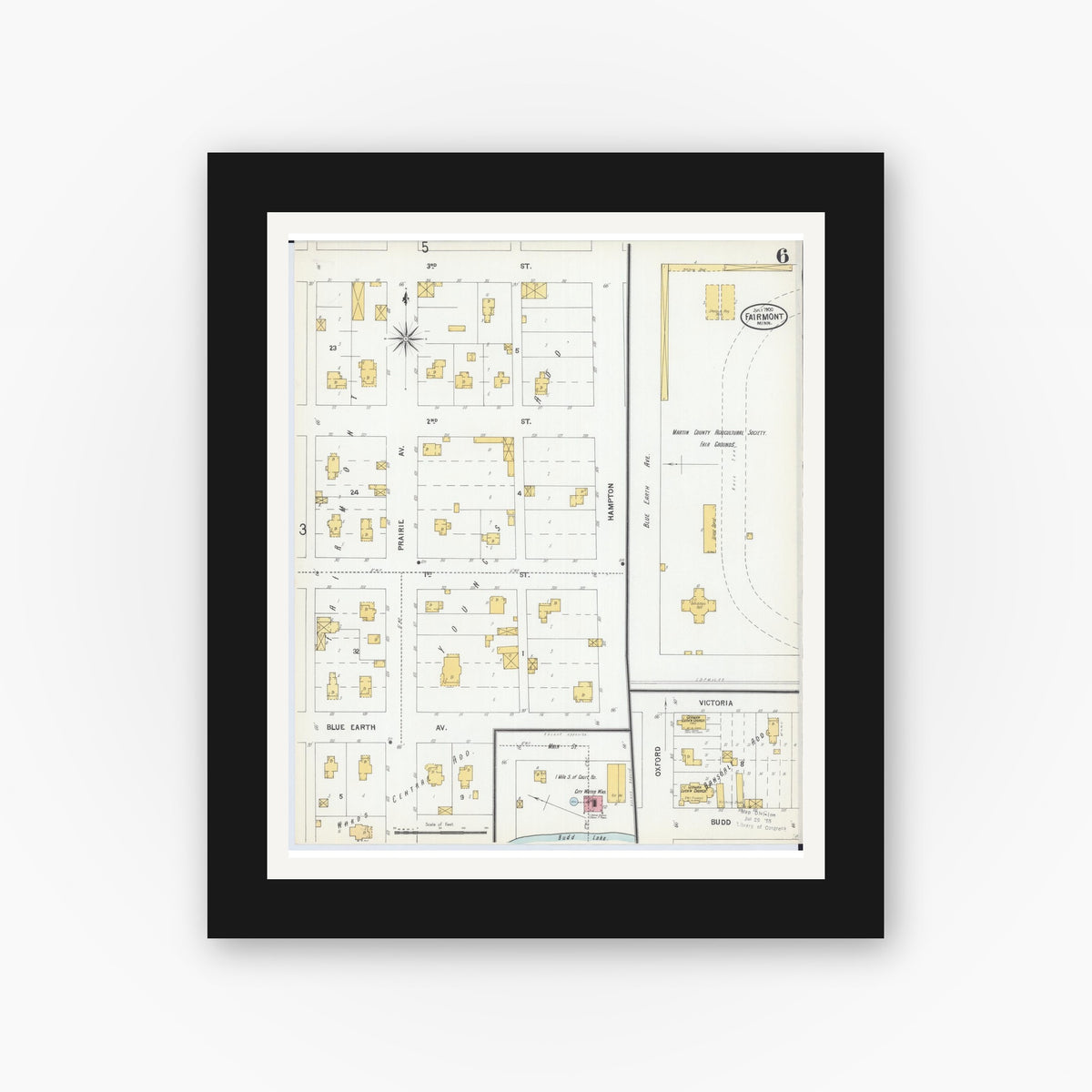 Old map wall art mockup — black gallery frame with white mat — Sanborn Fire Insurance Map from Fairmont, Martin County, Minnesota (1900), Sheet #0006