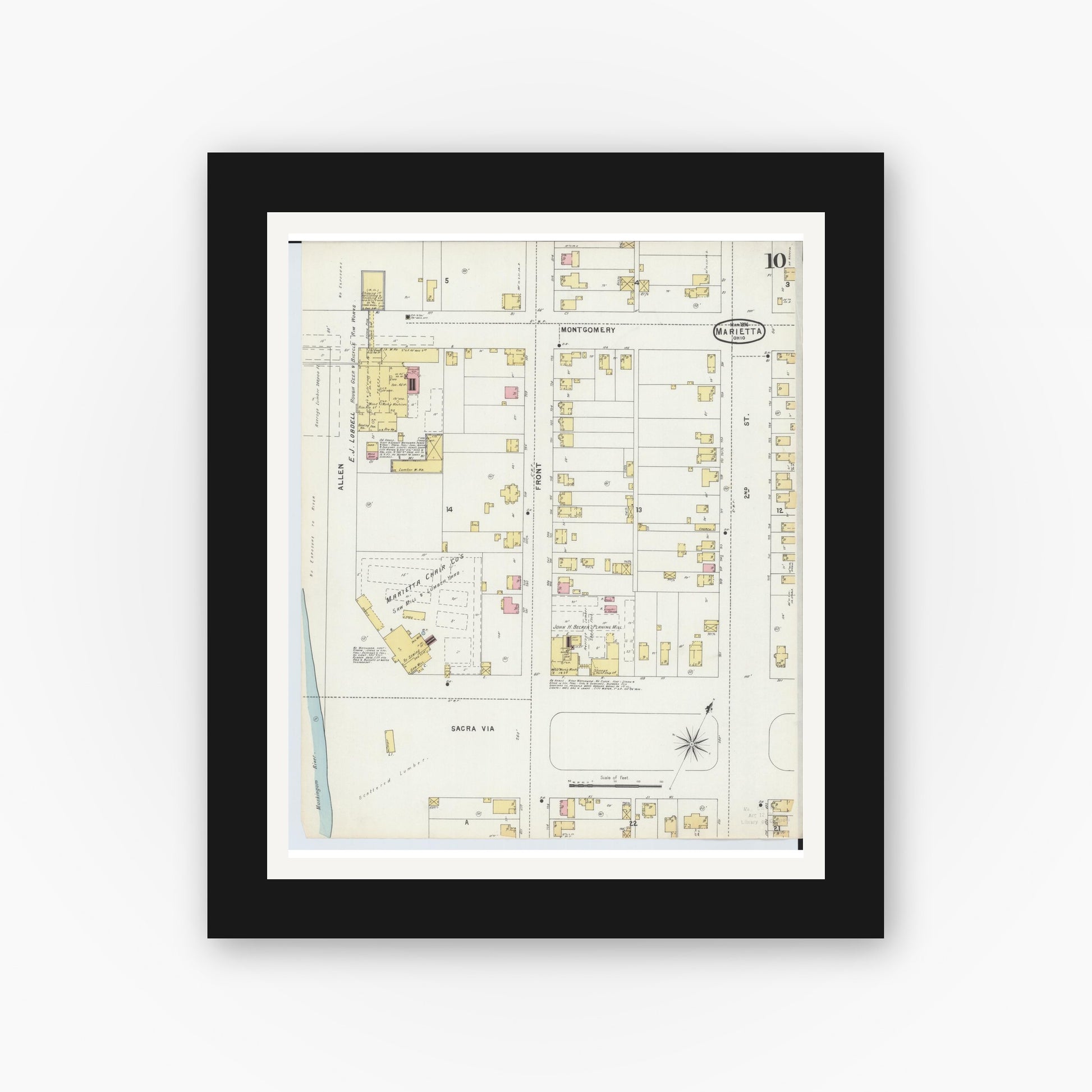 Old map wall art mockup — black gallery frame with white mat — Sanborn Fire Insurance Map from Marietta, Washington County, Ohio (1896), Sheet #0010