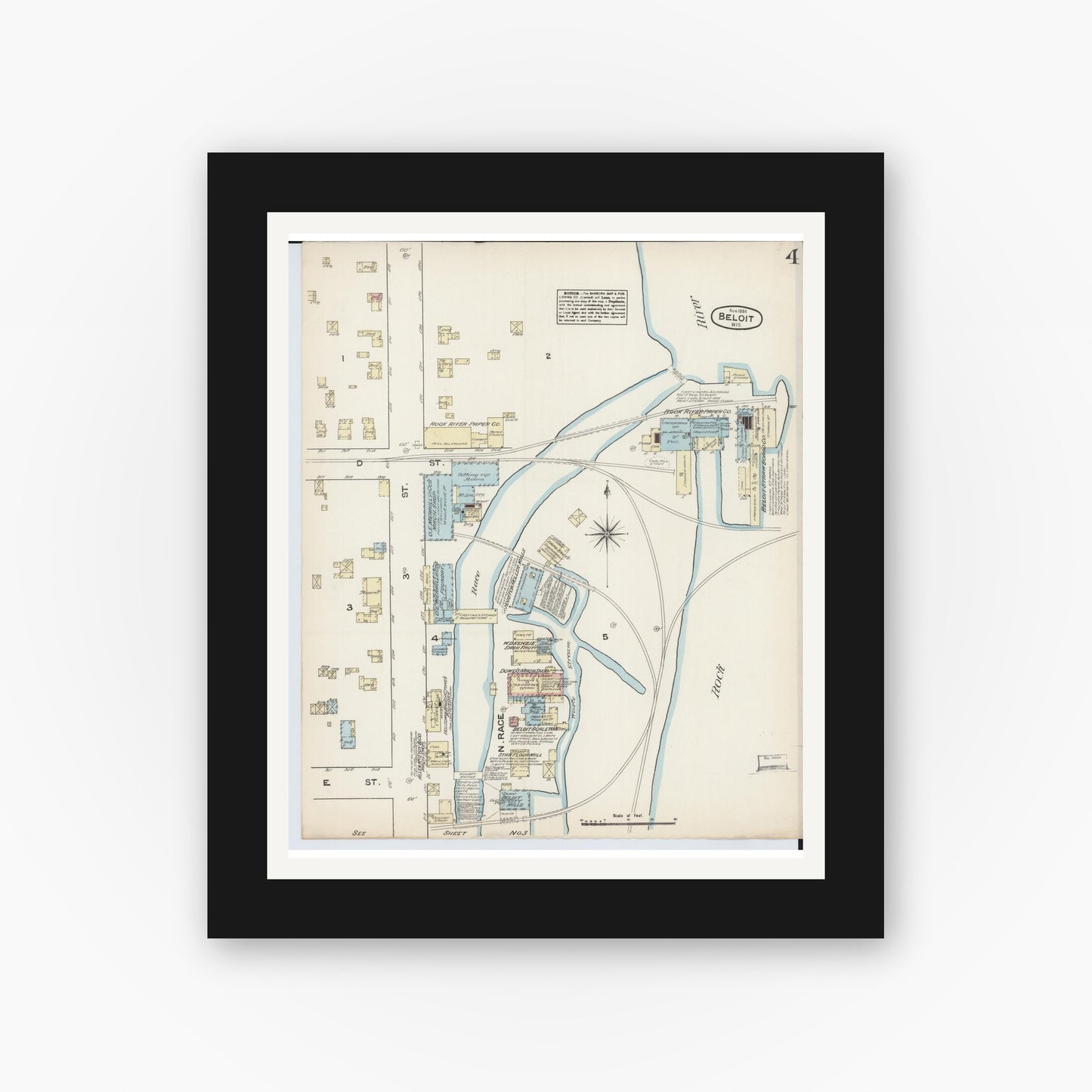 Old map wall art mockup — black gallery frame with white mat — Sanborn Fire Insurance Map from Beloit, Rock County, Wisconsin (1884), Sheet #0004