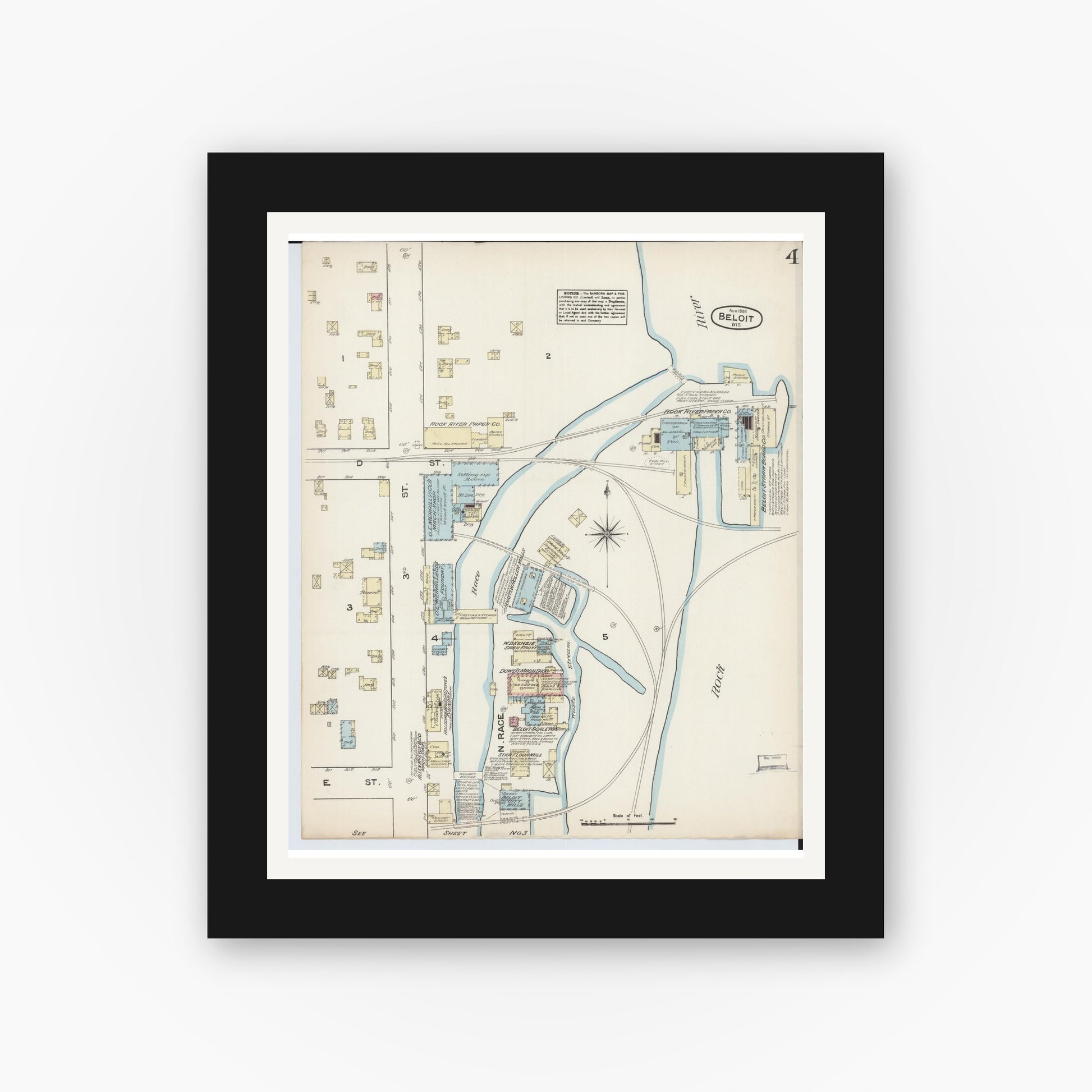Old map wall art mockup — black gallery frame with white mat — Sanborn Fire Insurance Map from Beloit, Rock County, Wisconsin (1884), Sheet #0004