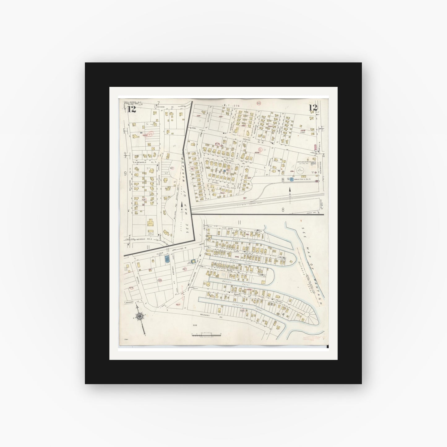 Old map wall art mockup — black gallery frame with white mat — Sanborn Fire Insurance Map from Bellmore, Nassau County, New York (1945), Sheet #0012